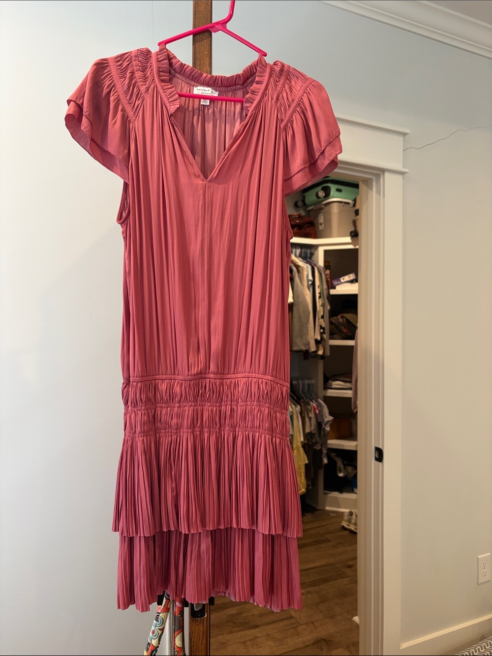 Current Air Pleated V-Neck Tiered Ruched waist Dress in Dusty Rose